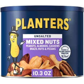 PLANTERS Mixed Nuts Unsalted, Party Snacks, Plant-Based Protein, 10.3 oz Canister