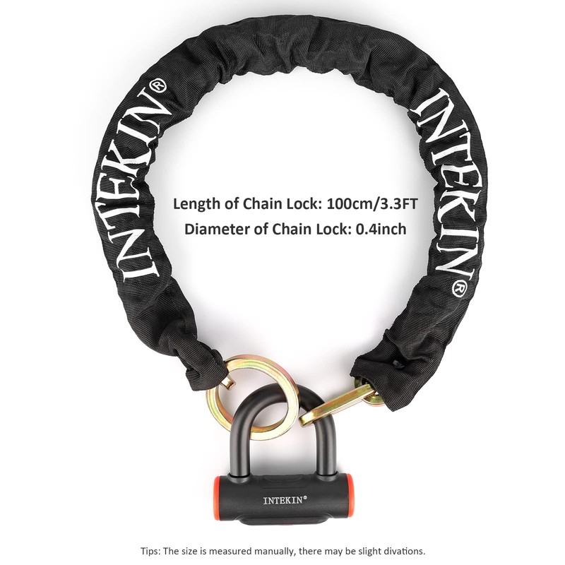 INTEKIN Motorcycle Lock 3.3FT/100cm Bicycle Chain Locks 8mm/10mm Thick Bike