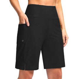 G Gradual Women's 9" Long Swim Board Shorts with Pockets High Waisted Knee Length Beach Swimming Shorts for Women with Liner(Black,XL)