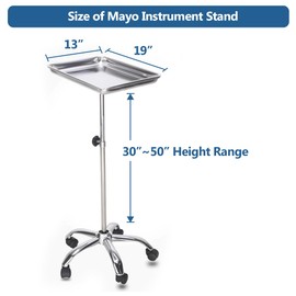 Mayo Instrument Stand - Mobile Service Cart & Table Station for Dental Pet Clinic Supplies, with Lift Out Work Tray Adjustable 30"-50"Height