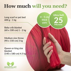 MeriWoolArt® 100% XXL Merino Wool Yarn, 4 - 5 cm Thick Wool Yarn, Felting Wool Dry Felting, Wet Felting, DIY Wool Yarn Blanket, Baby Wool, Arm Knitting Blanket Yarn, Red, 100 g