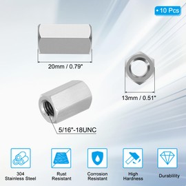PATIKIL 5/16"-18 UNC 304 Stainless Steel Hex Coupling Nuts, 10Pcs 0.8" Length Fully Threaded Rod Coupling Nut Studding Connector Fasteners, Silver Tone