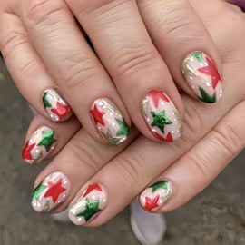 Christmas Press On Nails Medium Almond, Christmas Nail Accessories Red, Green & Silver with Star Patterns, 24 Pieces, Festive Holiday Nail Kit with Adhesive Stickers & Tools