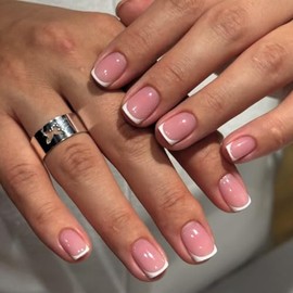Uñas postizas blancas con punta francesa, cortas y cuadradas, con acabado brillante; uñas postizas acrílicas reutilizables color rosa nude para uso di