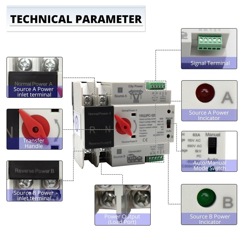63A 110V Mini ATS Automatic Transfer Switch 2P, Din Rail