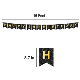 HAPPY 40TH BIRTHDAY Banner, Pre-Strung, Black Gold 40th Birth Party Decorations, Happy 40 Year Old Bdy Yard Bunting, Forty Flag Sign
