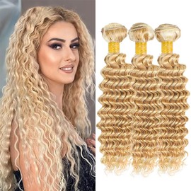 Dokksiiia Two-Tone Blonde Weave Bundles Human Hair P27613 Highlight Deep Wave Bundles Honey With Light Blonde Piano Color Mix Double Weft Brazilian Remy Hair Extensions 14 16 18 Inch