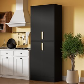 Housoul 71" Tall Pantry Cabinet, 4 Doors Kitchen Pantry Storage Cabinet, Freestanding Larder Cupboard, Kitchen Hutch Cabinet, Utility Pantry with Gold Handles for Kitchen, Dining Room, Bathroom, Black