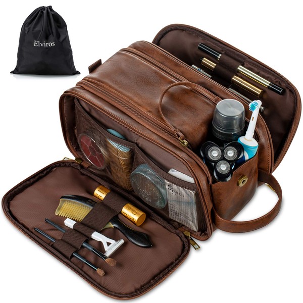 Elviros Toiletry Bag Men's PU Leather Large Toiletry Bag Women's Waterproof Travel Toiletry Bag Wash Bag in the Bath Cosmetic Bag with a Wet Dry Bag, dark brown