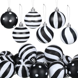 Riceshoot 24 Pcs Christmas Black and White Ball Stripe Dot Hanging Xmas Ball Plastic Black Christmas Ornaments Christmas Decorations for Home and Holiday Party Christmas Trees Accessories (3.15 Inch)