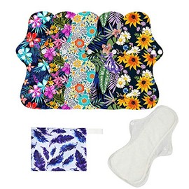 Juego de 6 almohadillas menstruales de bambú orgánico, reutilizables, impermeables, incluye 5 almohadillas menstruales de flujo pesado y servilletas sanitarias para mamá + 1 mini bolsa húmeda