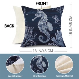 Fjfz Nautical Seahorse Decorative Throw Pillow Covers 18 x 18 Set of 2, Dark Blue Beach Coastal Ocean Coral Porch Outdoor Home Decor, Marine Life Sofa Couch Cushion Case Housewarming Gift