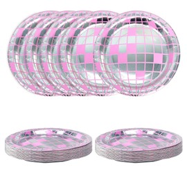 SietDESEO 50 PCS Pink Disco Ball Plates 7 Inch Disco Paper Plates for Birthday Bachelorette 70s 80s Party Supplies Disposable Party Platesc