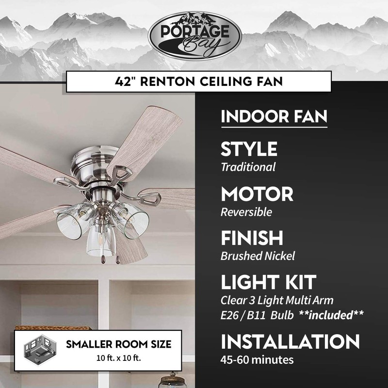 Portage Bay 51437 Renton Ceiling Fan, 42, Brushed Nickel