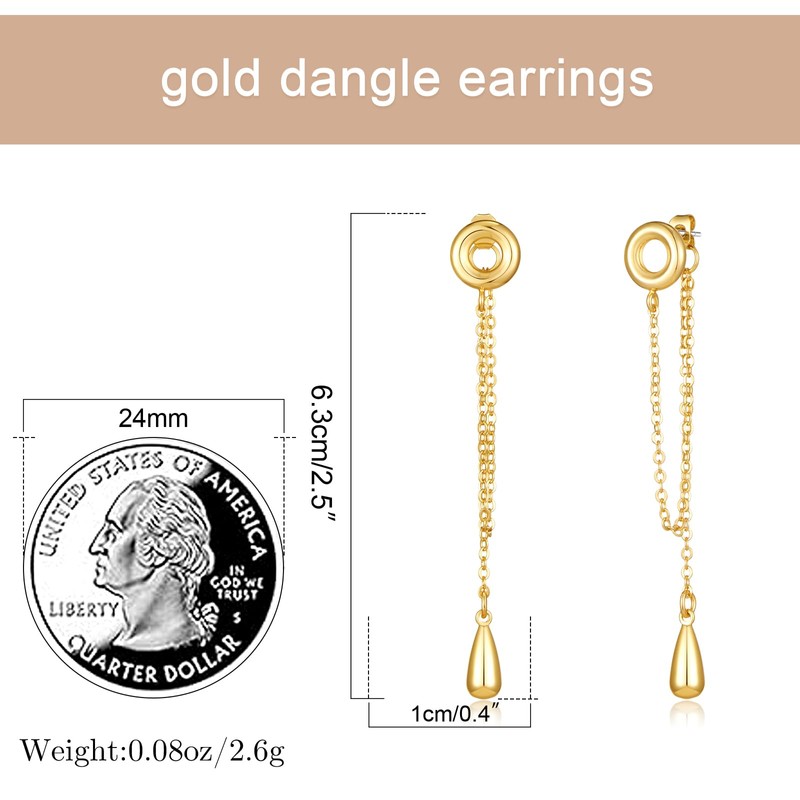 Gold Dangle Earrings for Women, Ultra Lightweight Teardrop Long Chain