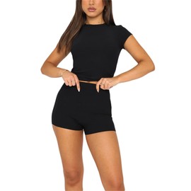 RUEWEY Women's 2 Piece Tracksuits Short Sleeve Crewneck Crop Tops High Waist Shorts Sets Yoga Outfits Y2k Streetwear (Black, M)