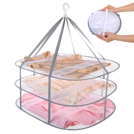 3 Pack 3 Tier Folding Mesh Clothes Hanging Dryer with Fixing Band Large Laundry Drying Rack Collapsible Fold Flat Dry Hanger for Indoor Outdoor Drying T-Shirt Swimsuit Sweater Underwear Clothes