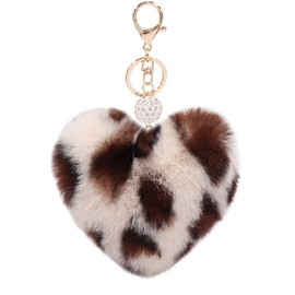 Women's Heart Faux Fur Pom Pom Key Chains Bag Accessory Puffball Keyring Backpack Charms for Girls(Leopard-khaki)
