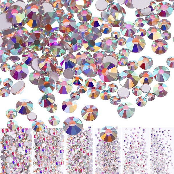 Bememo 3456 Pieces Crystals AB Nail Rhinestones Round Beads Flatback Glass Charms Gems Stones, 6 Sizes for Nails Decoration Makeup Clothes Shoes (Iridescent)
