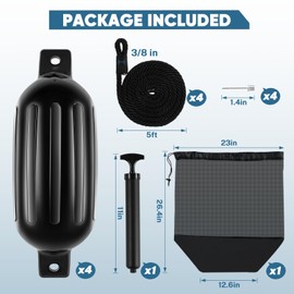 LOINTAIN Boat Fenders 4 Pack,6.5"x23" Boat Bumpers for Docking with 4 Ropes, Inflatable Ribbed Marine Pontoon Boat Fender Bumper for Docks with 1 Storage Bag, 1 Air Pump and 4 Needles
