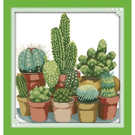 CROSSDECOR Stamped Cross Stitch Kits,Flower Pattern Cross-Stitch Needlepoint Kits for Beginners,Embroidery Kit Arts and Crafts for Home Wall Decor Gifts-Cactuses 34×35cm