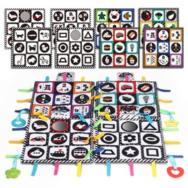 teytoy Tummy Time Floor Mirror, Double High Contrast Play and Pat Activity Mat Black and White Baby Crinkle Toys with Teether, Great Gift for Infants Boys and Girls -Pack of 4