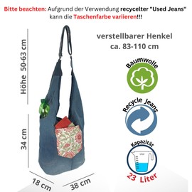 Sunsa Damen nachhaltig Hobo Tasche, Umhängetasche aus recycelte Jeans & Baumwolle. Boho Crossbody Bag.