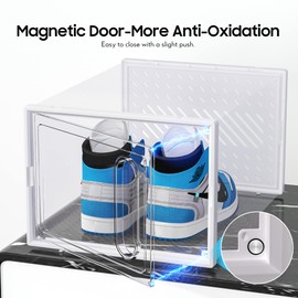 eWonLife XX-Large Storage Box with Magnetic Door, 12 Pack Clear Plastic Stackable Sneaker Organizer for Closet, Connect Left and Right Shoe Containers Bins for Entryway, Drop Front, Under Bed, White