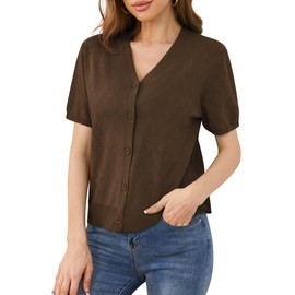 VIISHOW Short Sleeve Lightweight Summer Cardigan for Women,Button Down Open Front V Neck Crochet Knit Cropped Bolero Shrugs,Coffee,Medium
