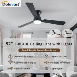 Dolavast Ceiling Fans with Lights, 52 inch Low Profile Ceiling Fan with Light and Remote Control, Flush Mount, Reversible, 3CCT, Dimmable LED, Noiseless, Black Ceiling Fan for Bedroom, Living Room