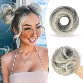 SOFEIYAN 2PCS Messy Bun Hair Piece Wavy Curly Chignon Extension Mini Messy Hair Bun Scrunchies Synthetic Donut Wig Accessory Updo Space Bun Hair Pieces for Women Girls, Gray and White Tips