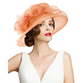 RZTA Women's Kentucky Derby Church Dress Hat Wide Brim Leaf Flower Bridal Shower Hat A12-Golden Orange