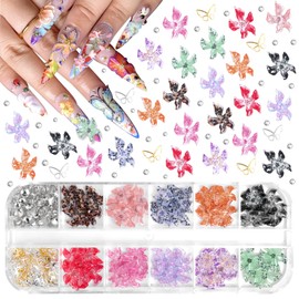 60Pcs 3D Flowers Nail Charms, Hibiscus Flower Nail Art Charms with Mix Size Rhinestones, Spring Summer Color Ice Lily Floral Nail Jewelry Charms for Women Nail Art Supplies with Tweezer