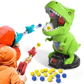 BLmukce Dinosaur Shooting Toys for Boys 2 3 4 5 6 7 Years Old, 2 Air Pump Launchers, Movable Target & 48 Foam Balls, Outdoor/Backyard Games with LED Score & Sound, Christmas/Birthday Gift for Toddlers