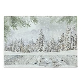 Ambesonne Winter Cutting Board, Abstract Christmas Theme with Snow Covered Forest and Wooden Surface Image, Decorative Tempered Glass Cutting and Serving Board, Large Size, Green White Beige
