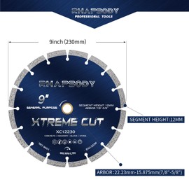 RHAPSODY 9 Inch Diamond Saw Blade 2Pcs, Segmented General Purpose Blade Dry/Wet Cutting Concrete,Granite,Stone,Masonry, Brick, Block,7/8"-5/8” Arbor