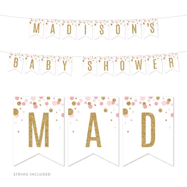 Andaz Press Blush Pink Gold Glitter Girl Baby Shower Party Collection, Personalized Hanging Pennant Party Banner with String, Madison's Baby Shower, 8-Feet, 1 Set, Custom Name