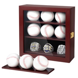 Baseball Display Case Championship Ring Display Case, Wooden Wall Cabinet with Lock for Collection Autographed Baseball Championship Ring (L-Reddish brown)