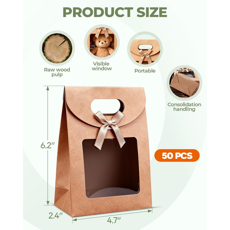 CYGYINT 50Pcs Brown Gift Bags with Clear Window 4.7''x2.4''x6.2'' Variety