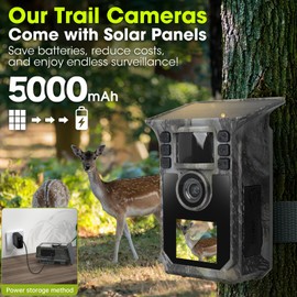 Hrivcam Trail Camera 4K 64MP Solar Game Camera with 5000mAh Forever Power, 64GB Memory Card and Ip67 Waterproof Angle Night Vision for Wildlife Deer Outdoor Trail Cam, Monitoring Trail Cameras