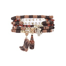 Pingyongchang Cute Western Cowgirl Cowboy Howdy Clay Bracelet Bohemian Rodeo Boots Hat Beaded Stackable Stretch Bracelets for Women Summer Beach Outfits Jewelry-Brown