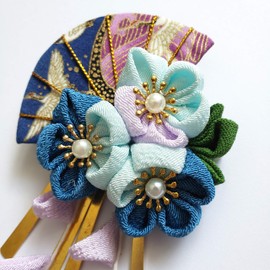 CRB Fashion Womens Girls Kimono Traditional Tsumami Kanzashi Outfit Wedding Japanese Asian Yukata Hair Tie Flower Floral Sakura Fan Barrette Clip (Lilac Blue)