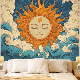 FENDROM Hippie Burning Sun Tapestry Wall Hanging for Bedroom Aesthetic,Vintage India Boho Sunflowers Clounds Constellation Tapestries for Bedroom Living Room Dorm