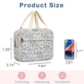 Large Size Quilted Coquette Makeup Bag, Cute Preppy Floral Cotton Travel Cosmetic Organizer Bag with Top Handle, Multi-Layer Travel Toiletry Pouch (01Lightblue Flower)