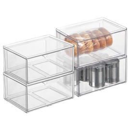 mDesign Plastic Wide Stackable Kitchen Storage Organizer Bin Containers with Front Pull Drawer for Cabinet, Pantry, Fridge, Freezer, Shelf, Refrigerator Organization, Lumiere Collection, 4 Pack, Clear