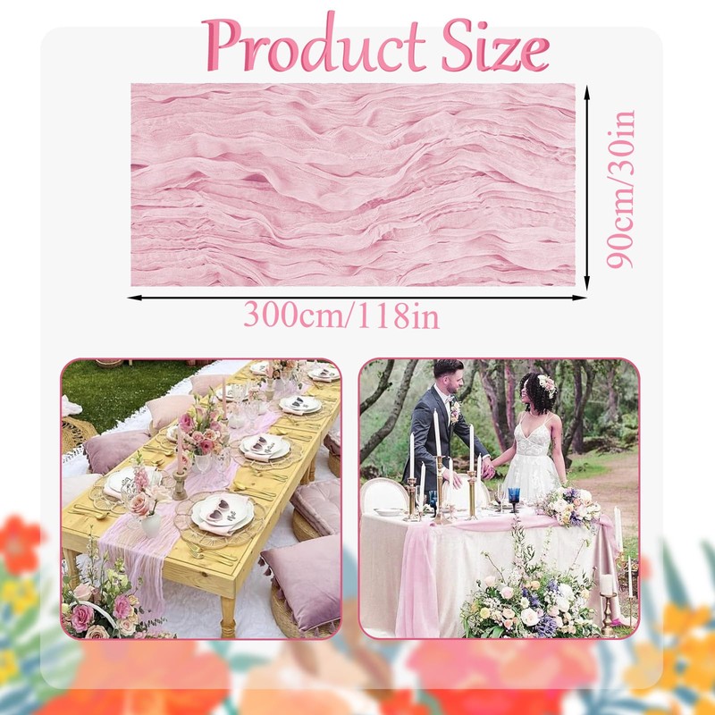 YOUTHLOXUS 90x300cm Pink Table Runner, Semi-Sheer Cheesecloth Table Runner, Wedding