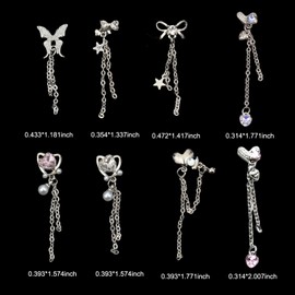 WOKOTO 8 Pcs 3D Silver Dangle Nail Charms With Chains Butterfly Heart Bow Nail Charms Crystals Nail Gems For Acrylic Nails Butterfly Bow Heart Charms For Nails Design Charms Jewelry Nail Decorations