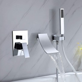 DEOLER Waterfall Wall Mounted Bathtub Faucet Set, Solid Brass Single Handle Tub Filler Faucet Tub Shower Faucet Set with Hand Shower and High Flow Waterfall Tub Spout Rough-In Valve Included, Chrome