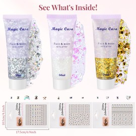DazSpirit Body Glitter Gel mit 3 Blätter Glitzersteine Aufklebern, Glitter Sequins Chunky Glitter Liquid Kit für Gesicht, Körper, Haare, Lippen, Glitzer Gesicht Festival Glitzer für Karneval, Party