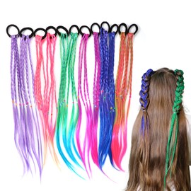 17 Inch Girls Rubber Bands Hair Extensions for Kids, Crazy Hair Day Accessories Colorful Wigs Colored Braids for for Women Girls Kids, Hair with Rubber Bands Rainbow Braided Synthetic Hairpieces Ponytail for 12pcs (Multicolor)